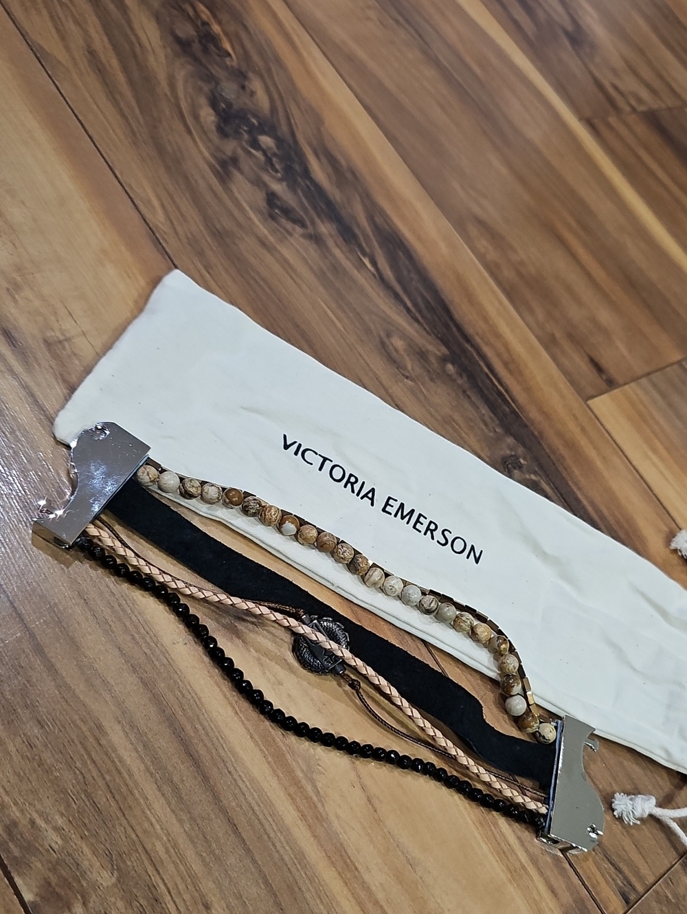 Victoria Emerson Layered Bracelet with Black Suede and Natural Stone Beads